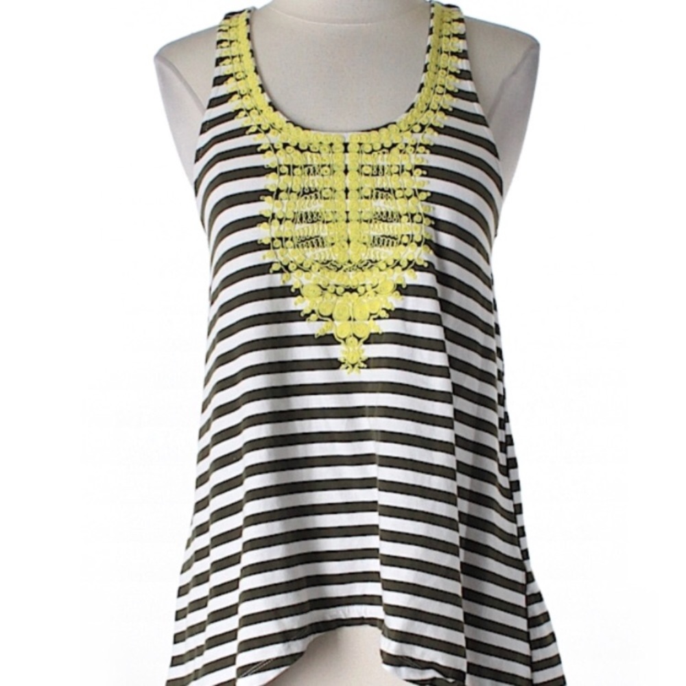 Navy Striped Yellow Embroidered Tank Top Racerback Scoop Neck